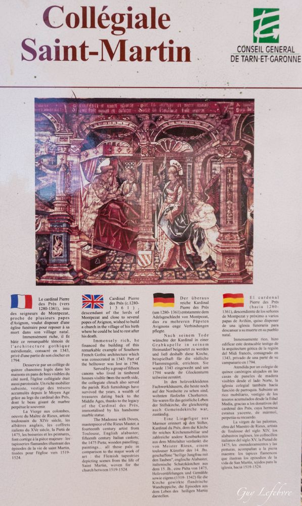 Texte de présentation du Conseil Général de Tarn-et-Garonne
Le cardinal Pierre des Prés (vers 1280-1361), issu des seigneurs de Montpezat, proche de plusieurs papes d'Avignon, voulut disposer d'une église funéraire pour reposer à sa mort dans son village natal.
Immensément riche, il fit bâtir ce remarquable témoin de l'architecture gothique méridionale, consacré en 1343, privé d'une partie de son clocher en 1794.
Desservie par un collège de quinze chanoines logés dans les maisons en pans de bois visibles du côté nord, l'église collégiale était aussi paroissiale. Un riche mobilier subsiste, vestige des trésors accumulés depuis le Moyen Age grâce au legs du cardinal des Prés, dont le beau gisant de marbre perpétue le souvenir.
La Vierge aux colombes, œuvre du Maitre de Rieux, artiste toulousain du XIV° siècle, les albâtres anglais, les Coffrets italiens du XV° siècle, la Pietà de 1475, les boiseries et les peintures, font cortège à la pièce majeure: les tapisseries flamandes illustrant des épisodes de la vie de saint Martin, tissées pour l'église vers I519 1524. Texte de présentation du Conseil Général de Tarn-et-Garonne
Le cardinal Pierre des Prés (vers 1280-1361), issu des seigneurs de Montpezat, proche de plusieurs papes d'Avignon, voulut disposer d'une église funéraire pour reposer à sa mort dans son village natal.
Immensément riche, il fit bâtir ce remarquable témoin de l'architecture gothique méridionale, consacré en 1343, privé d'une partie de son clocher en 1794.
Desservie par un collège de quinze chanoines logés dans les maisons en pans de bois visibles du côté nord, l'église collégiale était aussi paroissiale. Un riche mobilier subsiste, vestige des trésors accumulés depuis le Moyen Age grâce au legs du cardinal des Prés, dont le beau gisant de marbre perpétue le souvenir.
La Vierge aux colombes, œuvre du Maitre de Rieux, artiste toulousain du XIV° siècle, les albâtres anglais, les Coffrets italiens du XV° siècle, la Pietà de 1475, les boiseries et les peintures, font cortège à la pièce majeure: les tapisseries flamandes illustrant des épisodes de la vie de saint Martin, tissées pour l'église vers I519 1524.